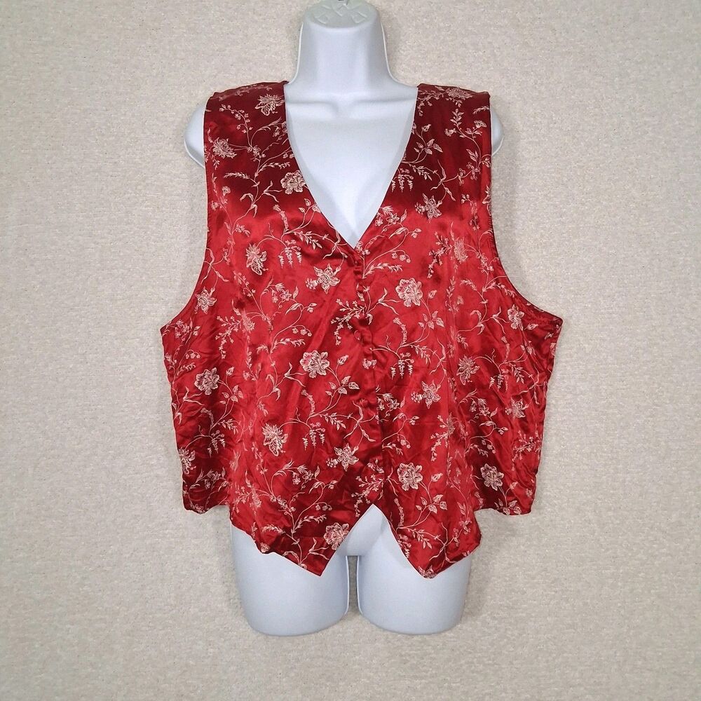 Vintage 90s Retro Satin Vest Sz 1X Tie Back  Whimsigoth Dark Romantic Floral